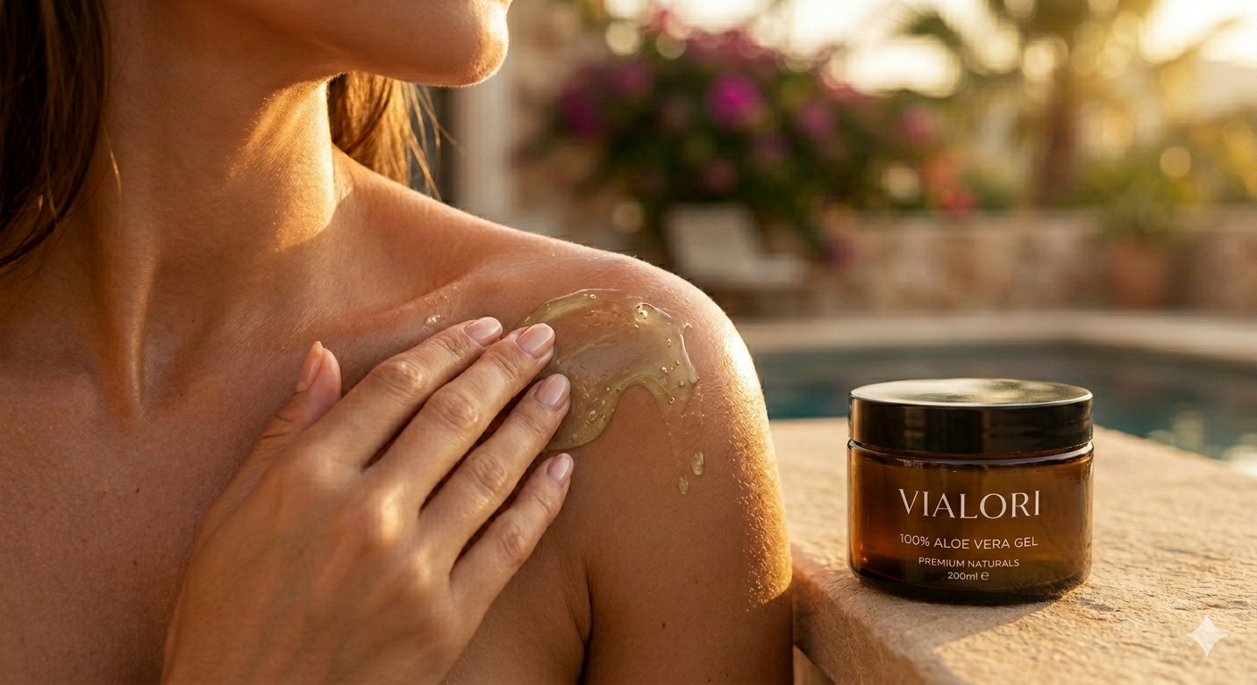 Model showcasing Vialori aloe vera body application