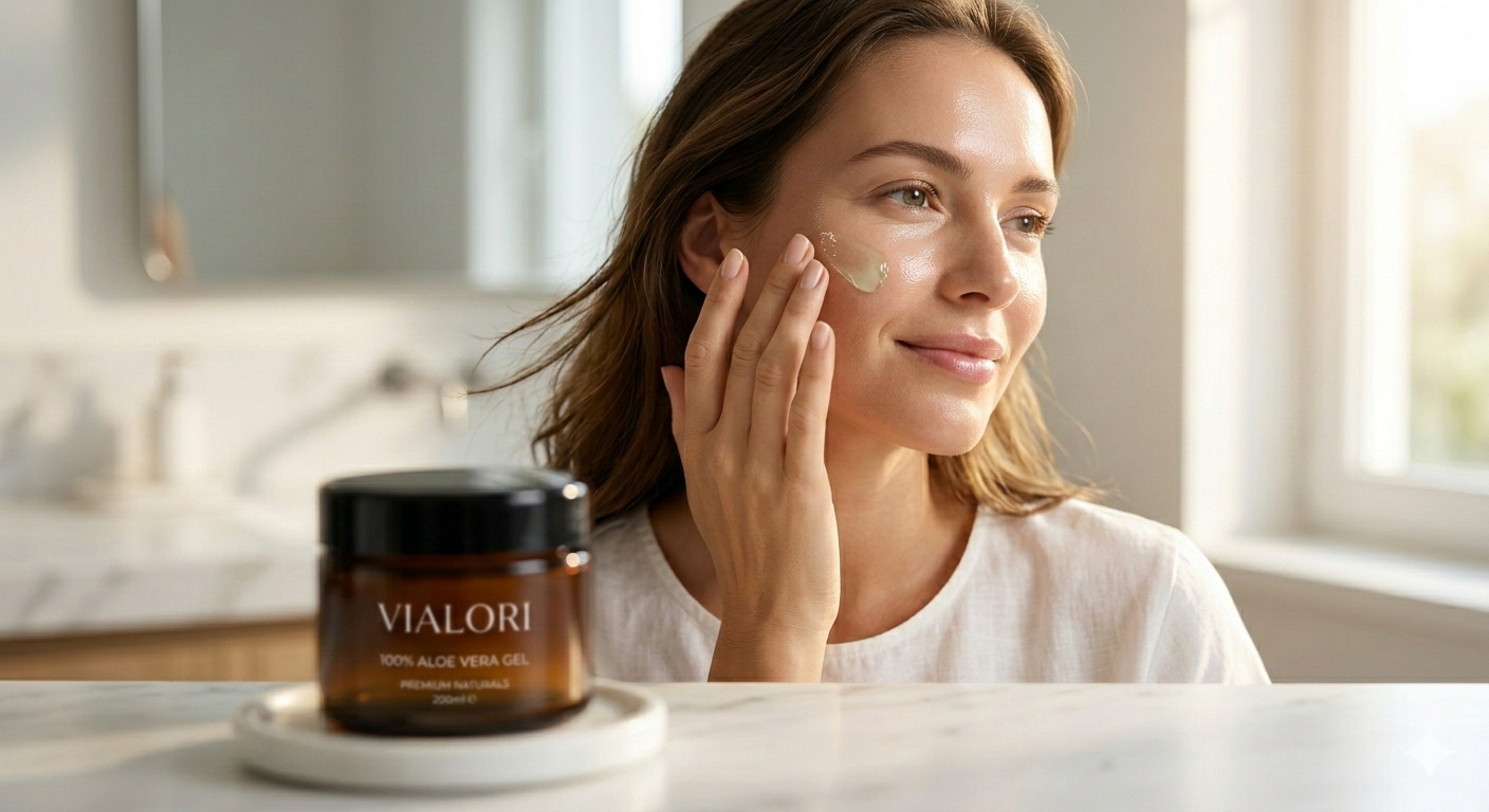 Model applying Vialori aloe gel to face for a refreshing skincare ritual